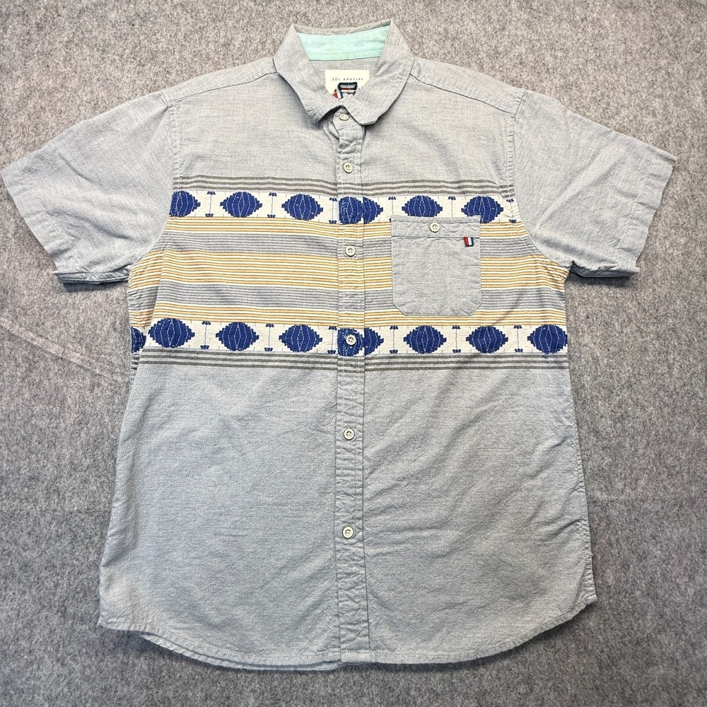 Sol Angeles Shirt Men L Geometric Embroidered Cotton Gray Short Sleeve Button Up
